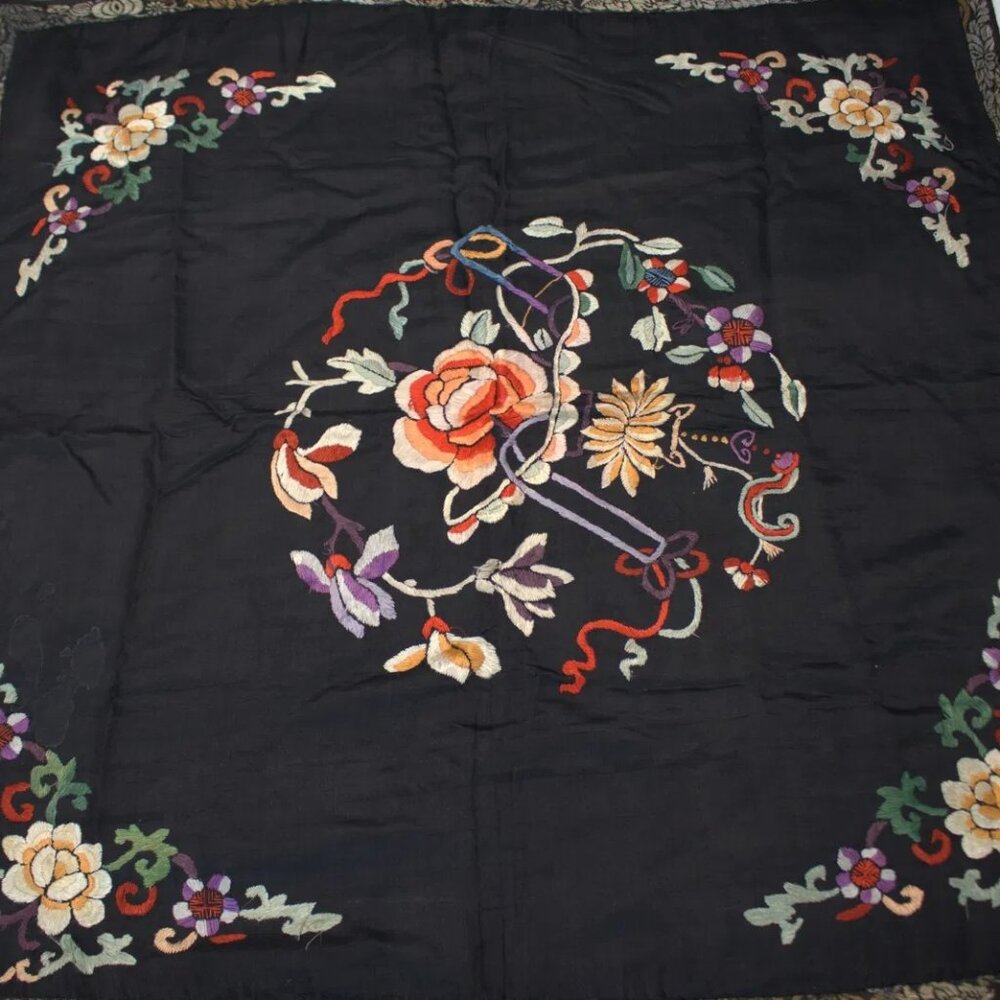 Antique Silk Hand Embroidered Asian Table Square/Shawl